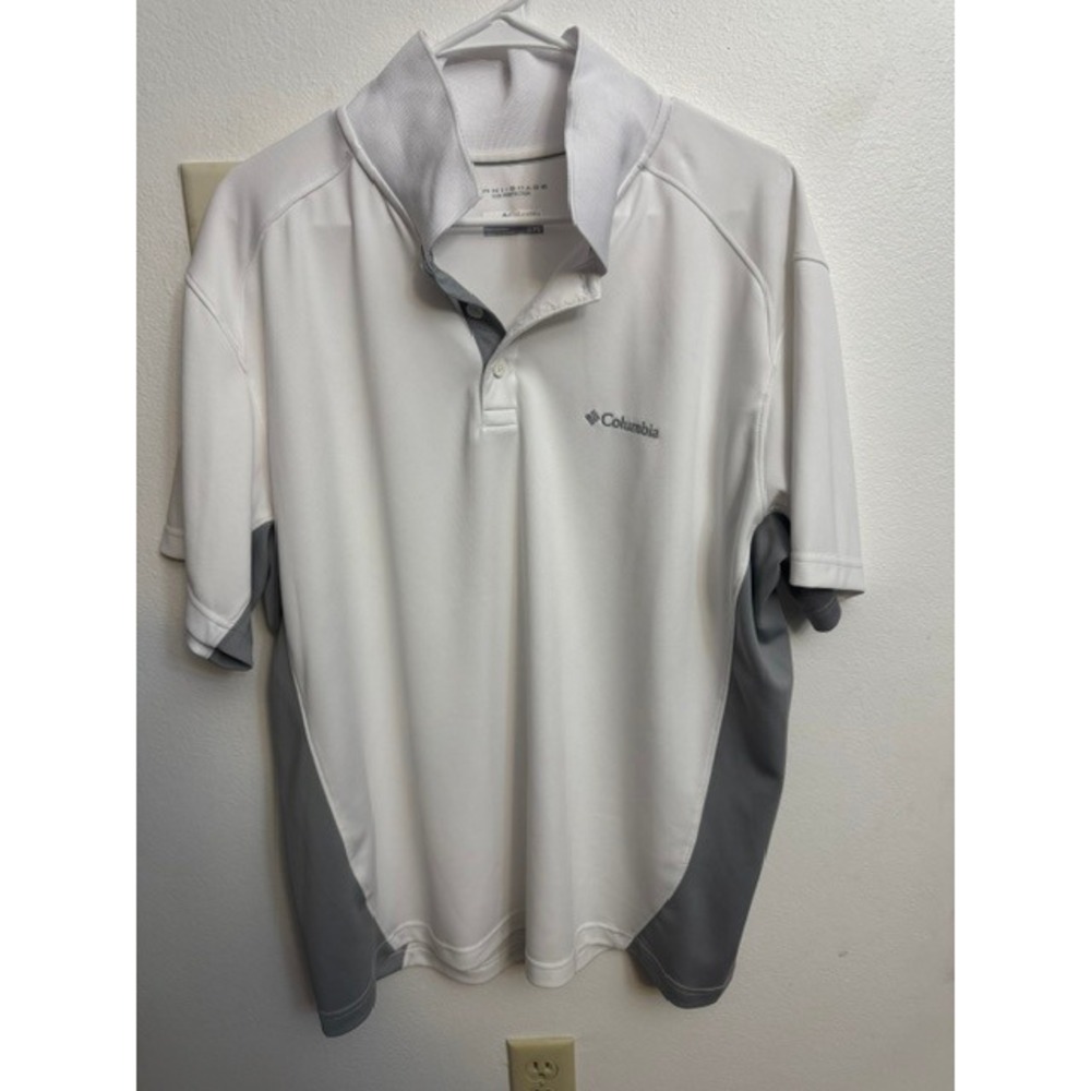 Columbia Men Omni-Shade Sun Protection Polo Shirt White Grey XL Short Sleeve (F)
